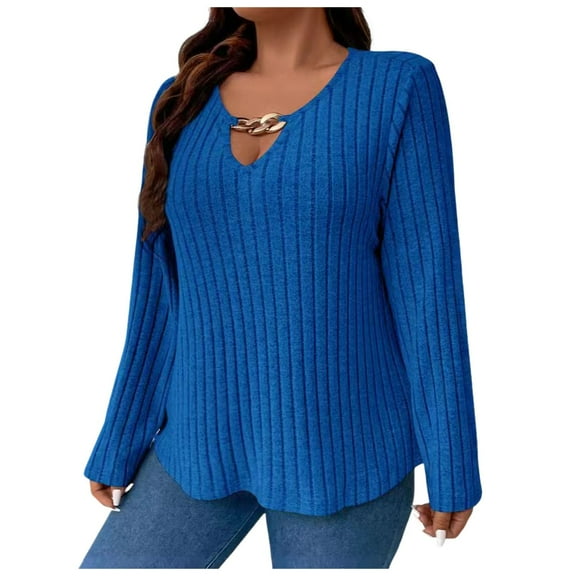 Fiaer Womens Sweaters Long Sleeve V Neck Oversized Pullover Fall Loose Fit Fashion 2025 Ribbed Knit Tops Blue XL