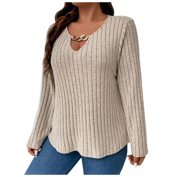 Fiaer Womens Sweaters Long Sleeve V Neck Oversized Pullover Fall Loose Fit Fashion 2025 Ribbed Knit Tops Khaki XL