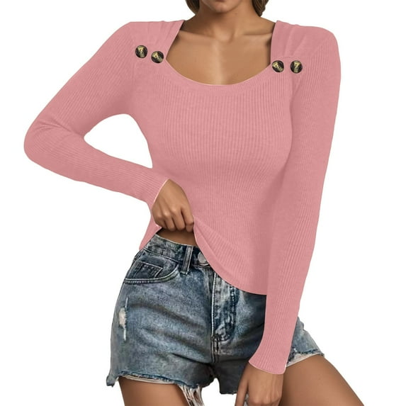 Fiaer Womens Sweaters Scoop Neck Buttons Slim Fit Long Sleeve Casual Trendy Solid Color Comfort Breathable Knitted Tops Pink L