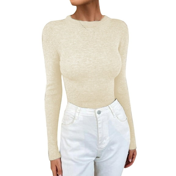Fiaer Womens Sweaters Slim Fit Crew Neck Long Sleeve Cozy Stretch Fashion Leisure Fall Tops for Daily Wear Beige1 XL