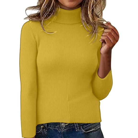 Fiaer Womens Sweaters Turtleneck Long Sleeve Solid Color Breathable Cozy Lightweight Slim Fit Knit Tops Yellow M