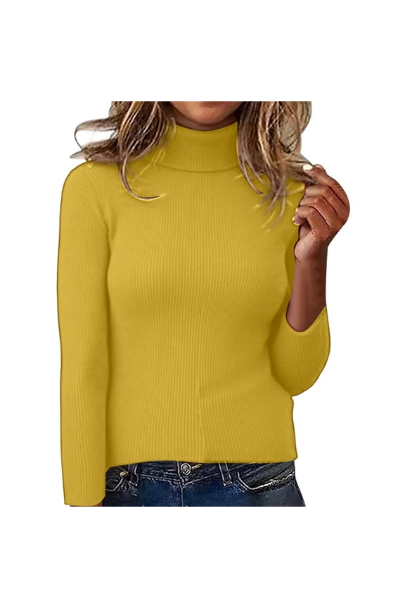 Womens Sweaters Turtleneck Long Sleeve Solid Color Breathable Cozy Lightweight Slim Fit Knit Tops Yellow XL
