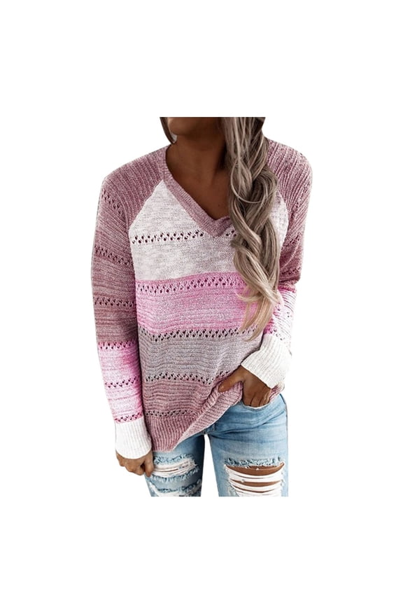 Womens Sweaters V Neck Color Blocking Plus Size Long Sleeve Loose Fit Trendy Casual Hollow out Tops Hot Pink M