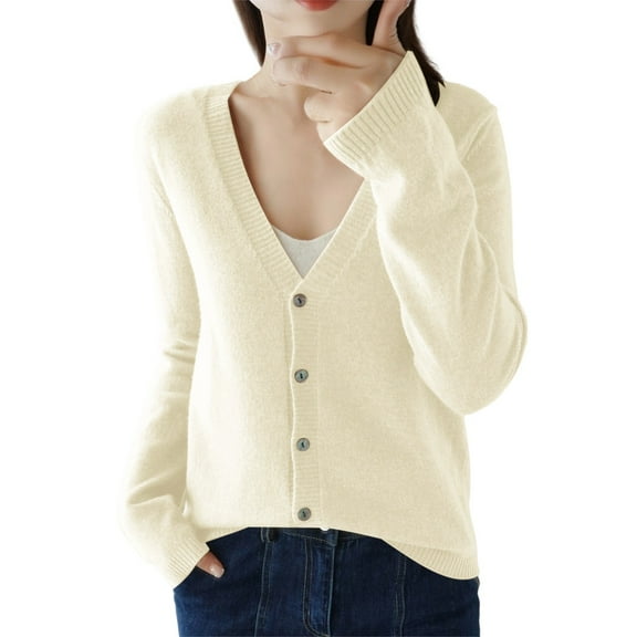 Fiaer Womens Sweaters V-Neck Long Sleeve Button Down Solid Loose Comfort Trendy Lightweight Knit Open Front Tops Beige XXL