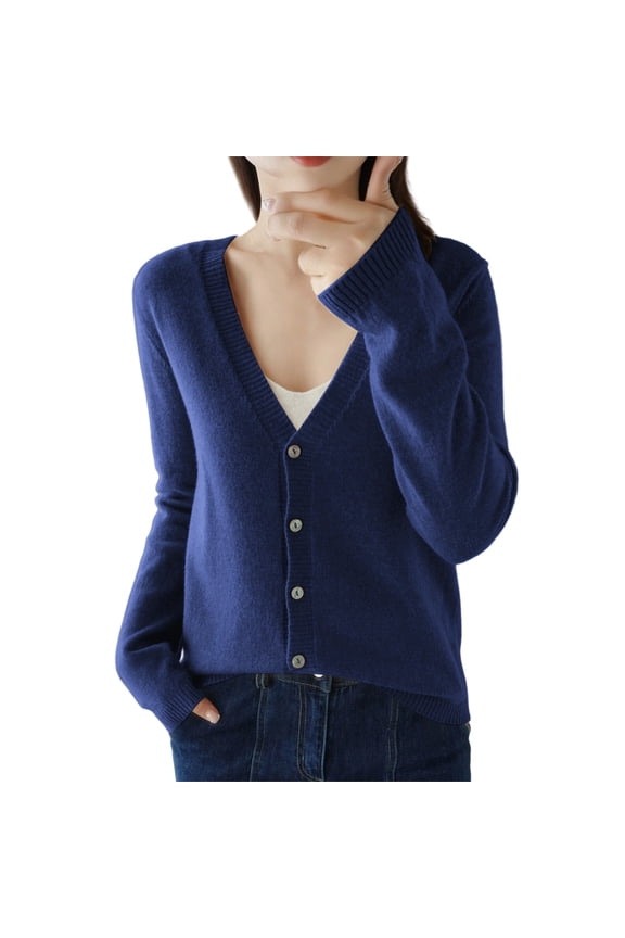 Womens Sweaters V-Neck Long Sleeve Button Down Solid Loose Comfort Trendy Lightweight Knit Open Front Tops Blue XXL