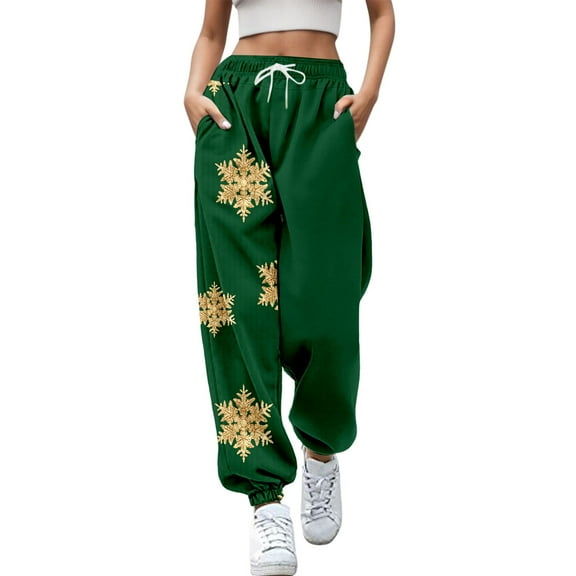 Fiaer Womens Sweatpants Christmas Plus Size Baggy Snowflake Funny Graphic Xmas Pants High Waisted Trendy Pocket Holiday Trousers Green M
