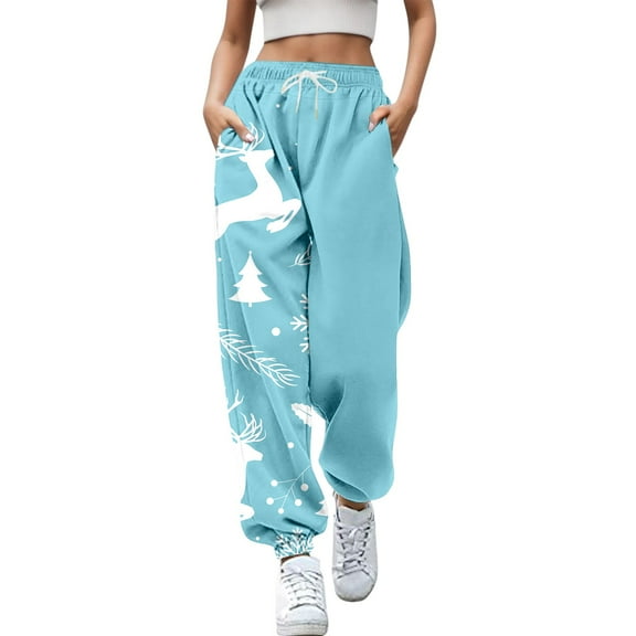 Fiaer Womens Sweatpants Christmas Plus Size Baggy Snowflake Funny Graphic Xmas Pants High Waisted Trendy Pocket Holiday Trousers Light Blue M