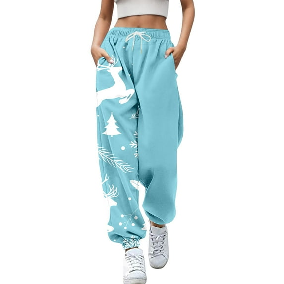 Fiaer Womens Sweatpants Christmas Plus Size Baggy Snowflake Funny Graphic Xmas Pants High Waisted Trendy Pocket Holiday Trousers Light Blue XL
