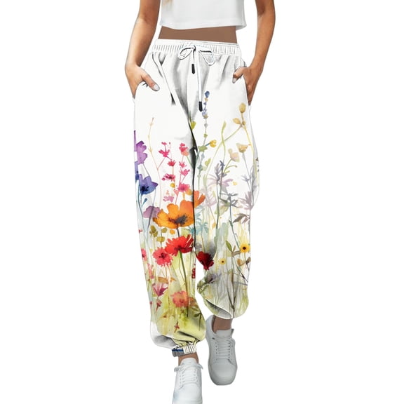 Fiaer Womens Sweatpants Floral Printed High Waisted Pants Baggy Plus Size Trendy Lace up Trousers with Pocket Green L