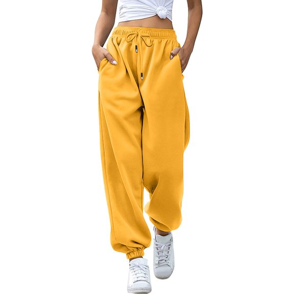 Fiaer,Womens Sweatpants Pockets High Waist Sporty Gym Athletic Fit Jogger Loose Fit Pants Lounge Plus Size Trousers Yellow XXL