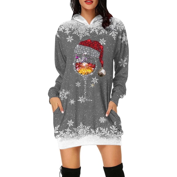 Fiaer Womens Sweatshirts Dress Christmas Hoodie Wine Glass Snowflake Long Sleeve Trendy Loose Fit Casual Pocket Tops Grey S