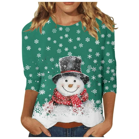 Fiaer Womens T Shirts Chritmas 3/4 Sleeve Plus Size Snowman Tshirts Crew Neck Trendy Baggy Casual Casual Tops Green M
