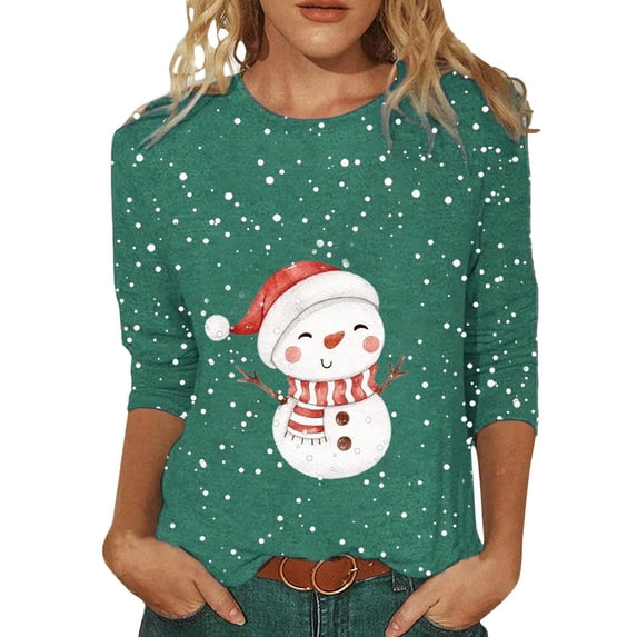 Fiaer Womens T Shirts Chritmas 3/4 Sleeve Plus Size Snowman Tshirts Crew Neck Trendy Baggy Casual Casual Tops Green1 L
