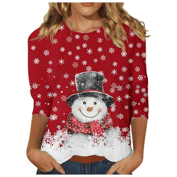 Fiaer Womens T Shirts Chritmas 3/4 Sleeve Plus Size Snowman Tshirts Crew Neck Trendy Baggy Casual Casual Tops Red M