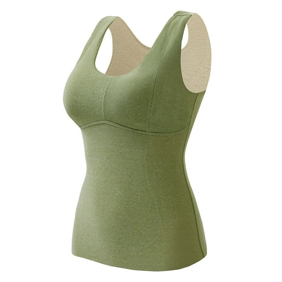 Fiaer Womens Tank Tops with Built in Bra Oversized Thermal Underwear Elegant Solid Color Trendy Warm Layer Cami for Winter Green XL