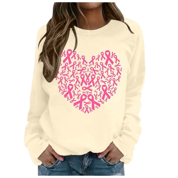 Fiaer,Womens Tops with Cancer Awareness Print,Crew Neck Sweatshirt Women,Loose Fit Casual Trendy Plus Size Pullover,Long Sleeve Lightweight Warm Hoodless Hoodies Light Yellow S