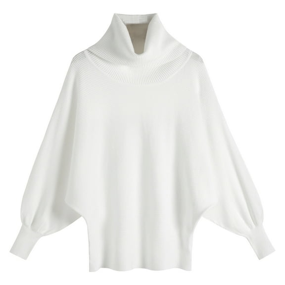 Fiaer Womens Turtleneck Neck Sweater Bawting Sleeve Baggy Knitted Pullover Long Sleeve Fashion Casual Comfy Tops for Winter White One Size