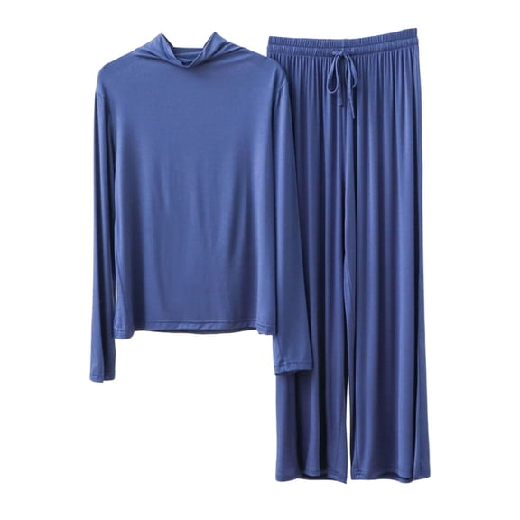 Fiaer,Womens Turtleneck Solid Lightweight Lounge Wear Sets,Women's Plus Size Loose Fit Casual Trendy Outfits Set,2 Piece Sets for Long Sleeve T Shirts and Lace up Wide Leg Pants Blue L