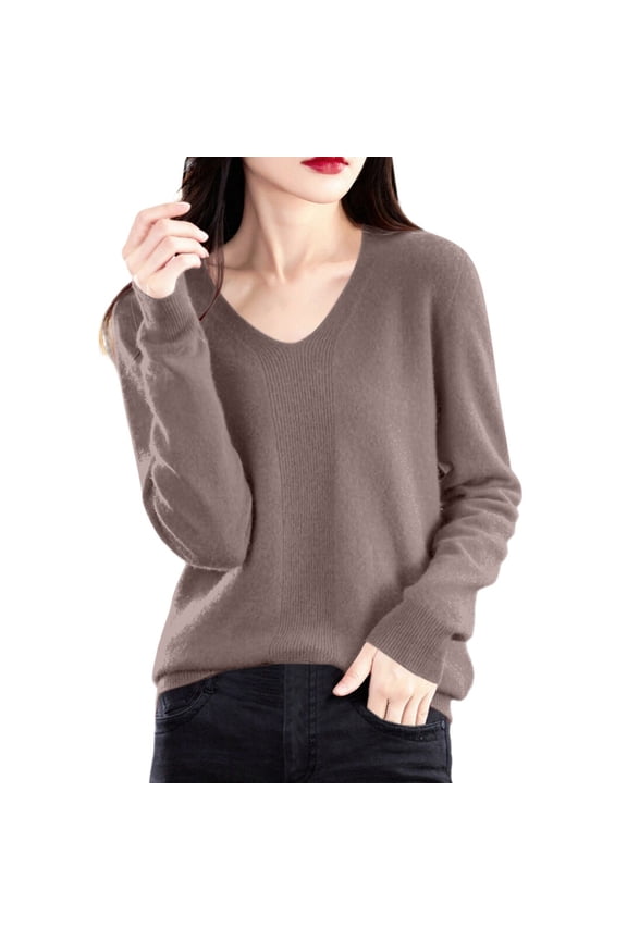 Womens V Neck Knit Sweaters Long Sleeve Loose Fit Trendy Solid Color Comfort Casual Lightweight Fall Tops Coffee XL