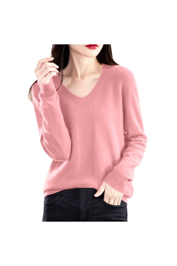 Womens V Neck Knit Sweaters Long Sleeve Loose Fit Trendy Solid Color Comfort Casual Lightweight Fall Tops Pink M