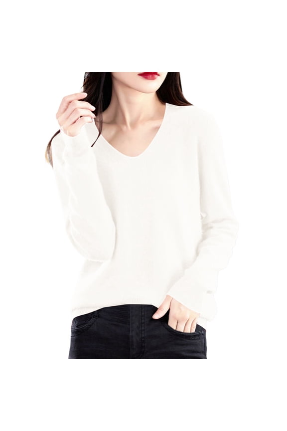 Womens V Neck Knit Sweaters Long Sleeve Loose Fit Trendy Solid Color Comfort Casual Lightweight Fall Tops White M