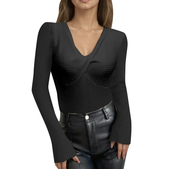 Fiaer Womens V Neck Knitted Sweaters Front Knot Slim Fit Long Sleeve Solid Color Casual Trendy Stretch Tops Black S