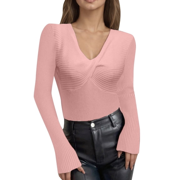 Fiaer Womens V Neck Knitted Sweaters Front Knot Slim Fit Long Sleeve Solid Color Casual Trendy Stretch Tops Pink M