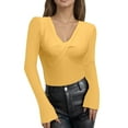 thumbnail image 1 of Fiaer Womens V Neck Knitted Sweaters Front Knot Slim Fit Long Sleeve Solid Color Casual Trendy Stretch Tops Yellow L, 1 of 7