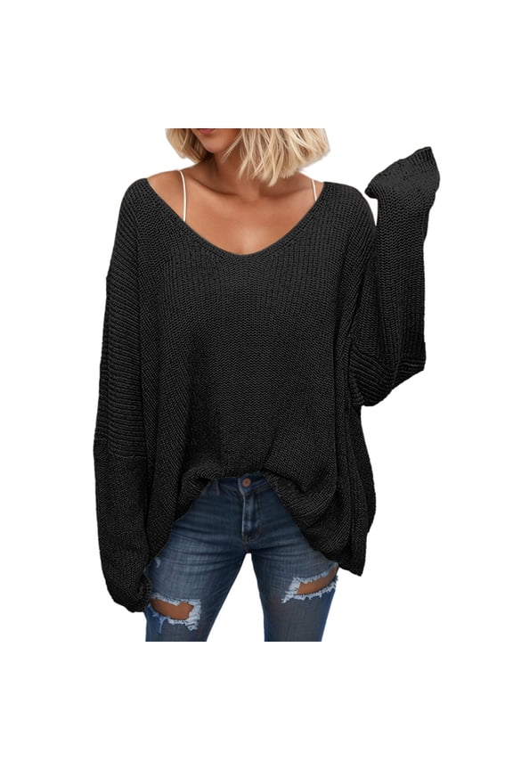 Womens V Neck Sweaters Long Sleeve Breathable Loose Fit Casual Trendy Solid Color Tops Loungewear Black XS