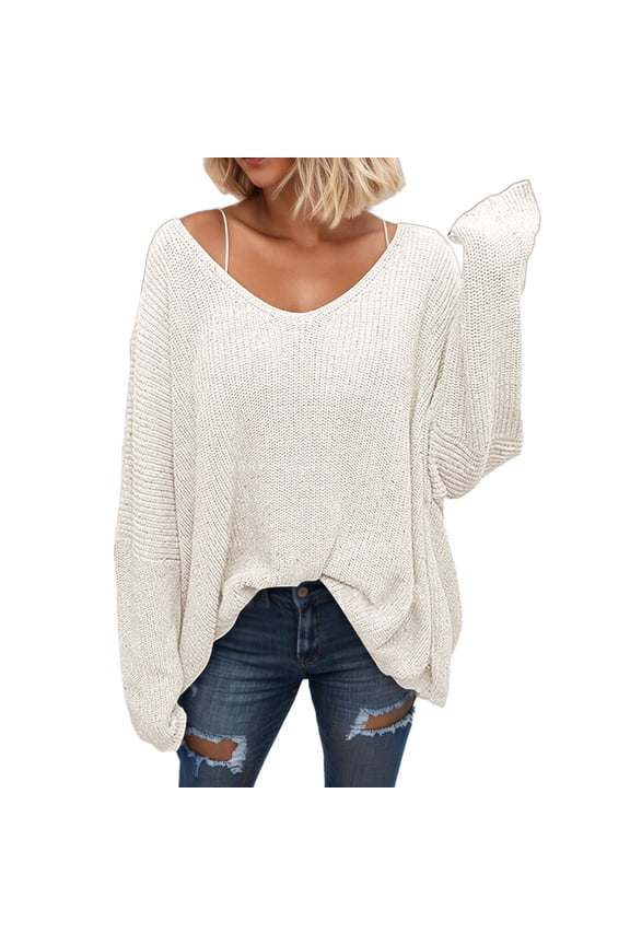 Womens V Neck Sweaters Long Sleeve Breathable Loose Fit Casual Trendy Solid Color Tops Loungewear WH2 XS