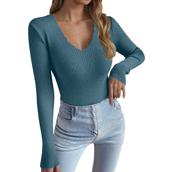 Fiaer Womens V Neck Sweaters Slim Fit Long Sleeve Solid Color Casual Trendy Comfortable Breathable Knit Tops Blue M
