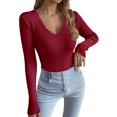 thumbnail image 1 of Fiaer Womens V Neck Sweaters Slim Fit Long Sleeve Solid Color Casual Trendy Comfortable Breathable Knit Tops Wine S, 1 of 7