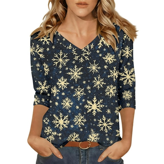 Fiaer Womens V Neck T Shirts Christmas 3/4 Sleeve Plus Size Tshirts Snowflakes Fashion Casual Baggy Xmas Tops Dark Blue M