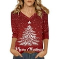 thumbnail image 1 of Fiaer Womens V Neck T Shirts Christmas 3/4 Sleeve Plus Size Tshirts Snowflakes Fashion Casual Baggy Xmas Tops Red XL, 1 of 4