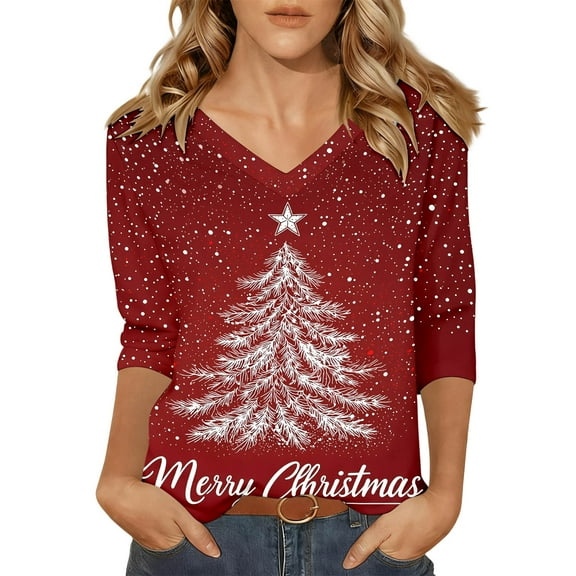 Fiaer Womens V Neck T Shirts Christmas 3/4 Sleeve Plus Size Tshirts Snowflakes Fashion Casual Baggy Xmas Tops Red XXL