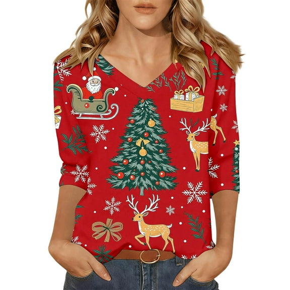 Fiaer Womens V Neck T Shirts Christmas 3/4 Sleeve Plus Size Tshirts Snowflakes Fashion Casual Baggy Xmas Tops Red9 S