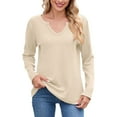 thumbnail image 1 of Fiaer,Womens Waffle Long Sleeve V Neck T Shirts,Plus Size Loose Fit Casual Tshirts for Women,Women's Trendy Basic Going out Solid Breathable Tops Beige S, 1 of 6