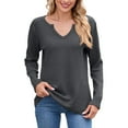 thumbnail image 1 of Fiaer,Womens Waffle Long Sleeve V Neck T Shirts,Plus Size Loose Fit Casual Tshirts for Women,Women's Trendy Basic Going out Solid Breathable Tops Grey L, 1 of 6