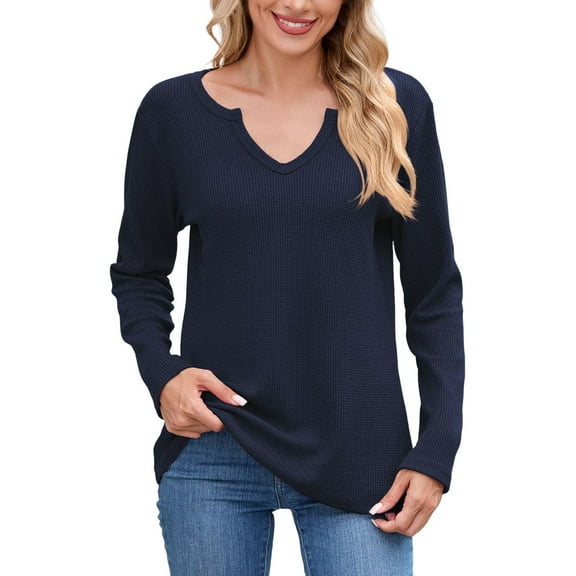 Fiaer,Womens Waffle Long Sleeve V Neck T Shirts,Plus Size Loose Fit Casual Tshirts for Women,Women's Trendy Basic Going out Solid Breathable Tops Navy XL