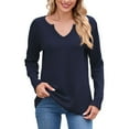 thumbnail image 1 of Fiaer,Womens Waffle Long Sleeve V Neck T Shirts,Plus Size Loose Fit Casual Tshirts for Women,Women's Trendy Basic Going out Solid Breathable Tops Navy XXL, 1 of 6