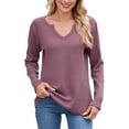 thumbnail image 1 of Fiaer,Womens Waffle Long Sleeve V Neck T Shirts,Plus Size Loose Fit Casual Tshirts for Women,Women's Trendy Basic Going out Solid Breathable Tops Pink M, 1 of 6