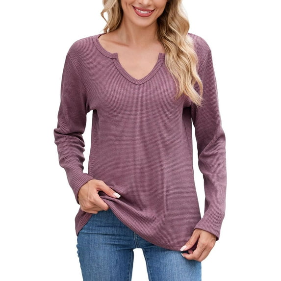 Fiaer,Womens Waffle Long Sleeve V Neck T Shirts,Plus Size Loose Fit Casual Tshirts for Women,Women's Trendy Basic Going out Solid Breathable Tops Pink M