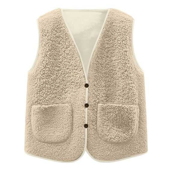 Fiaer Womens Warm Fleece Vest Sleeveless Lightweight Jacket V-Neck Button down Casual Solid Color Tops with Pockets for Cold Weather Beige S