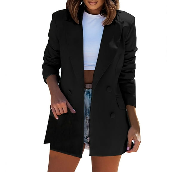 Fiaer Womens Work Jacket Double Plus Size Blazer Long Sleeve Loose Fit V Neck Lapel Collared Pocket Tops Black XL