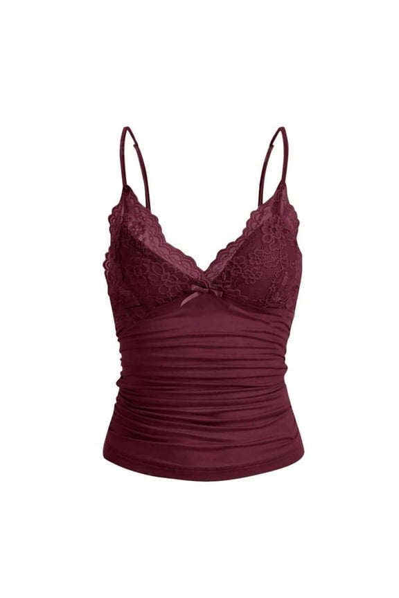 Womens Y2k Lace Trim Cami Tops Spaghetti Strap Deep V Neck Ruched Bow Decor Slim Fit Comfort Shirts Red S