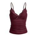 thumbnail image 1 of Fiaer Womens Y2k Lace Trim Cami Tops Spaghetti Strap Deep V Neck Ruched Bow Decor Slim Fit Comfort Shirts Red S, 1 of 4