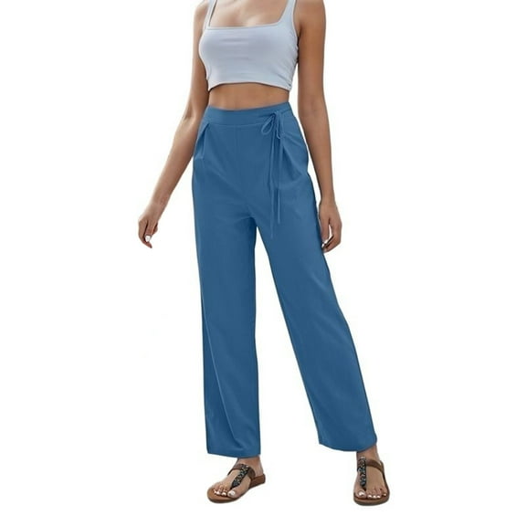 Fiaer,Womens Yoga Oversized Side Lace up Pants,Women's Elastic Waist Loose Fit Trousers,Ladies Straight Legging Solid Color Joggers Light Blue S