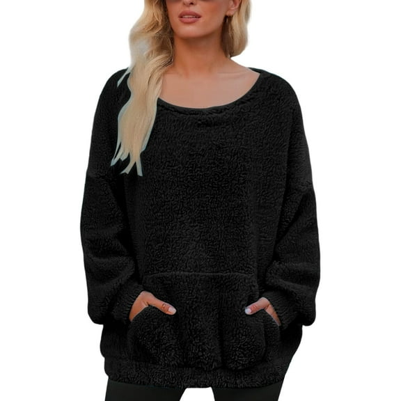 Fiaer,Wool Oversized Pullovers for Women,Women Loose Fit Scoop Neck Long Sleeve Warm Casual Trendy Solid Sweatshirts with Pocket Black XXL