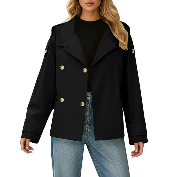 Fiaer Work Jackets for Women Double Plus Size Shirts Long Sleeve V Neck Lapel Collared Trendy Solid Tops with Pocket Black L