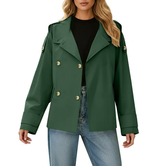 Fiaer Work Jackets for Women Double Plus Size Shirts Long Sleeve V Neck Lapel Collared Trendy Solid Tops with Pocket Dark Green S